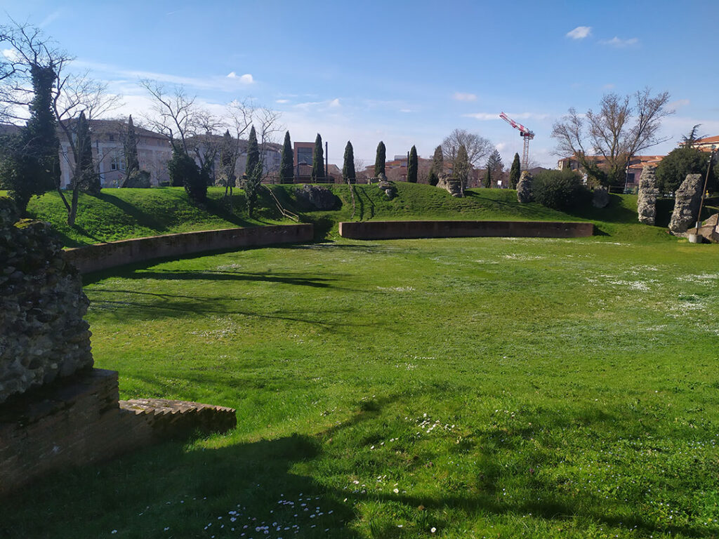 Vue de l'arène de l'amphithéâtre de Toulouse-Purpan depuis les gradins. L'arène est de forme ovale.