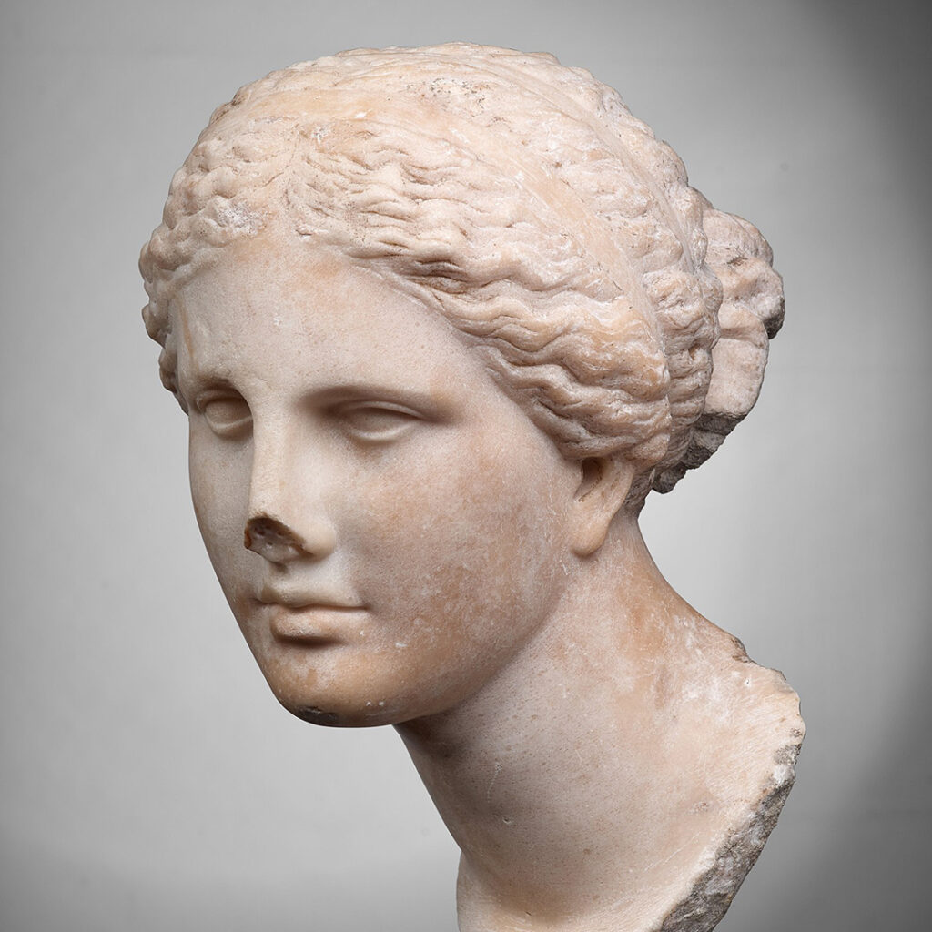 Tête en marbre représentant la déesse Vénus, de profil. Ses cheveux, légèrement ondulés, sont réunis en un chignon et enserré par un diadème.
