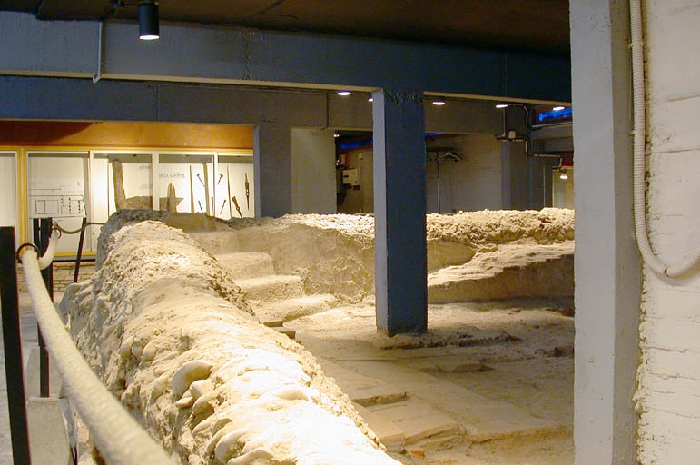 Vue du bassin de la natatio romaine dans une cave d'un immeuble du quartier Ancely. On voit un angle de la piscine avec des marches d'escalier. Derrière, une vitrine présente des objets archéologiques.