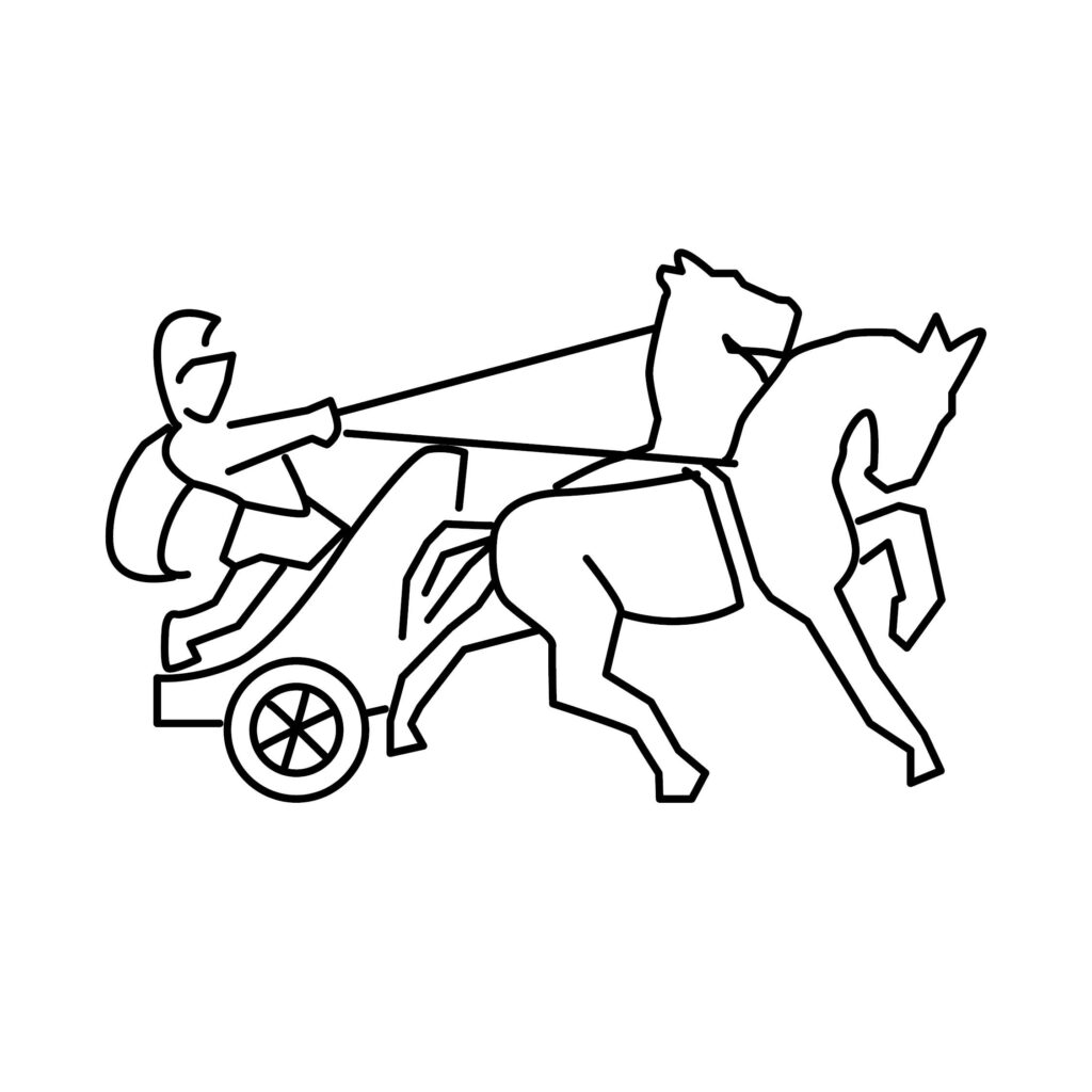 Pictogramme représentant un char romain tiré par deux chevaux.