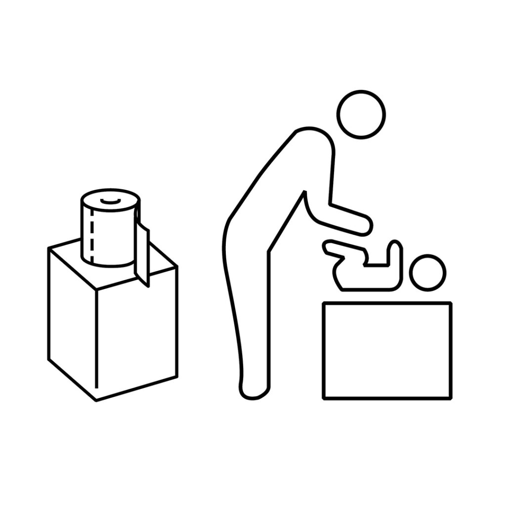 Pictogrammes  montrant un rouleau de papier toilette posé sur un support cubique et une personne en train de changer un bébé.