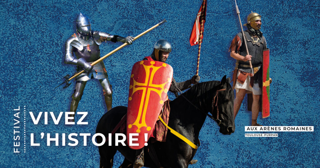 Composition : un chevalier en armure du 15e siècle, un chevalier occitan du 13e siècle à cheval et un légionnaire romain.