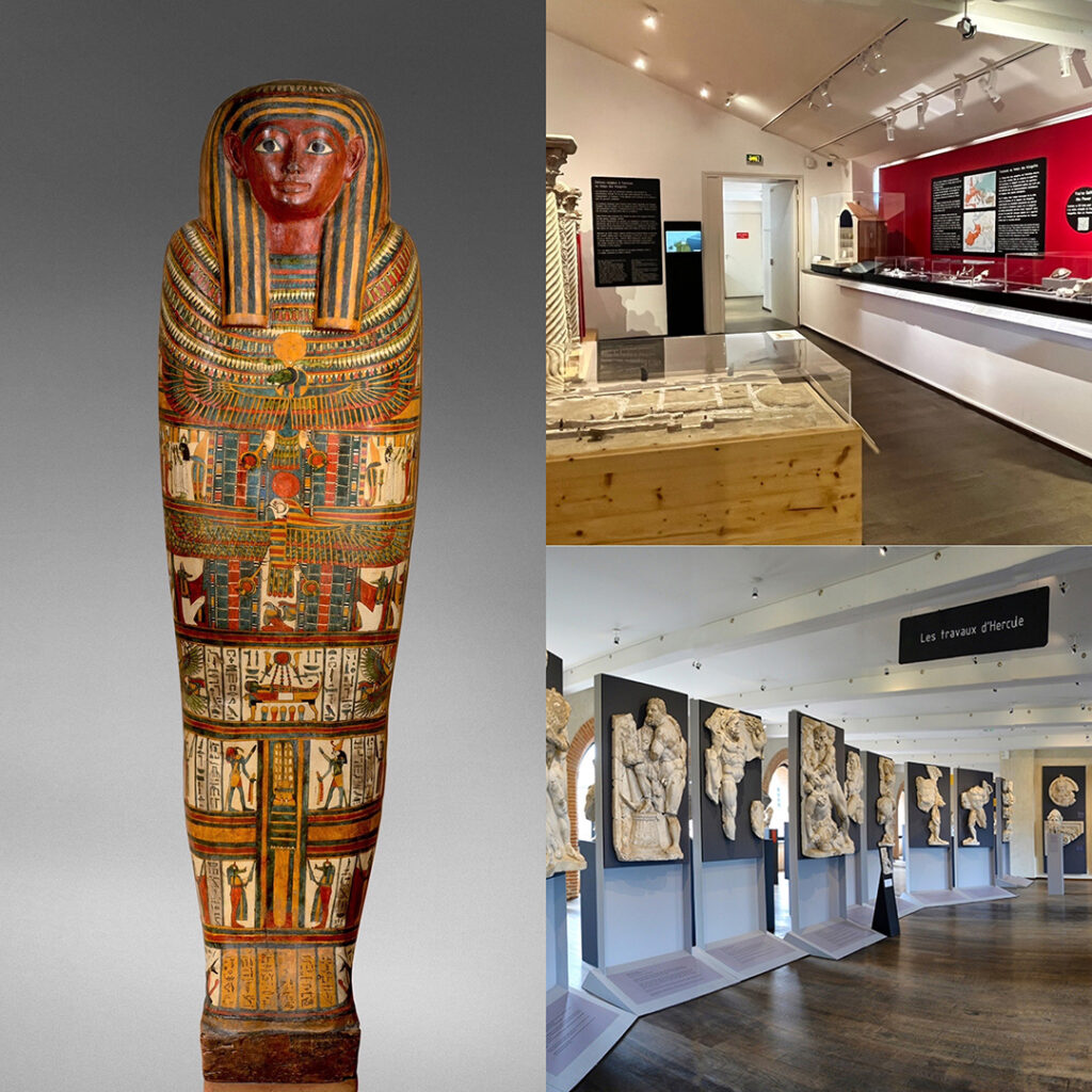 Mosaïque d'images : le couvercle du sarcophage de la momie égyptienne, vues du 2e et du 1er étages du musée.