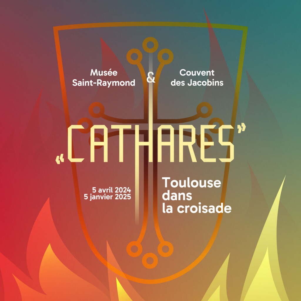 Visuel de l'exposition "Cathares". Toulouse dans la croisade. Dessin d'un bouclier portant la croix raymondine se détachant sur des flammes. 