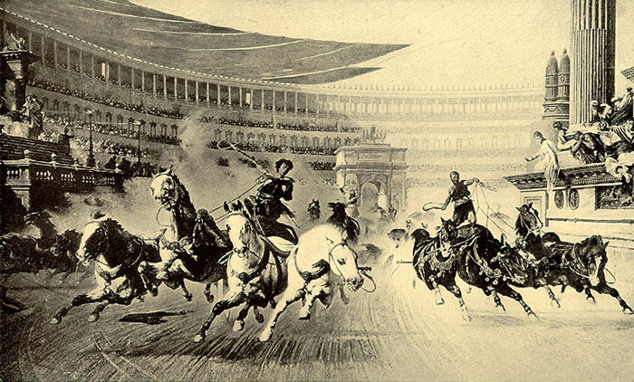Dessin représentant une course de char dans un cirque romain