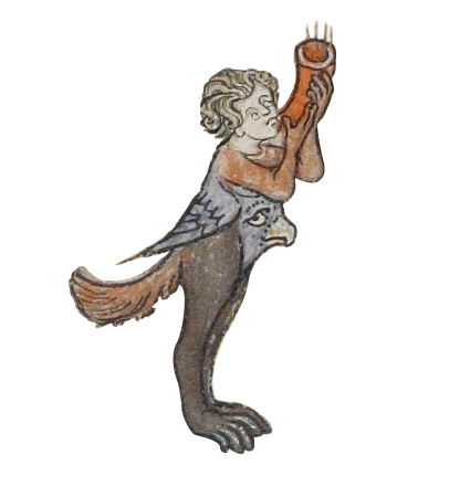 illustration de manuscrit : personnage hybride à tête d'homme soufflant dans un instrument à vent