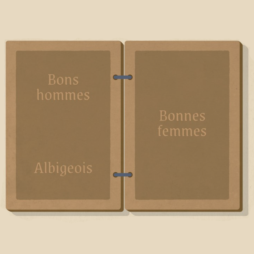 Visuel du dispositif Trobador représentant une tablette de cire comportant les mots "Bons hommes", "Bonnes femmes" et "Albigeois"