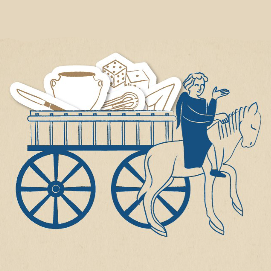Visuel du dispositif Trobador représentant une charrette remplie d'objets et menée par un personnage à cheval