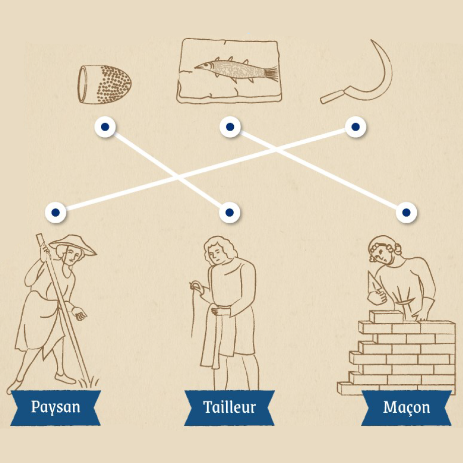 Visuel du dispositif Trobador représentant un maçon, un tailleur et un paysan associé à des objets