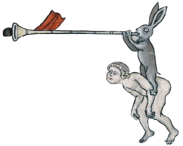 illustration de manuscrit : lapin jouant d'un instrument à vent juché sur un personnage