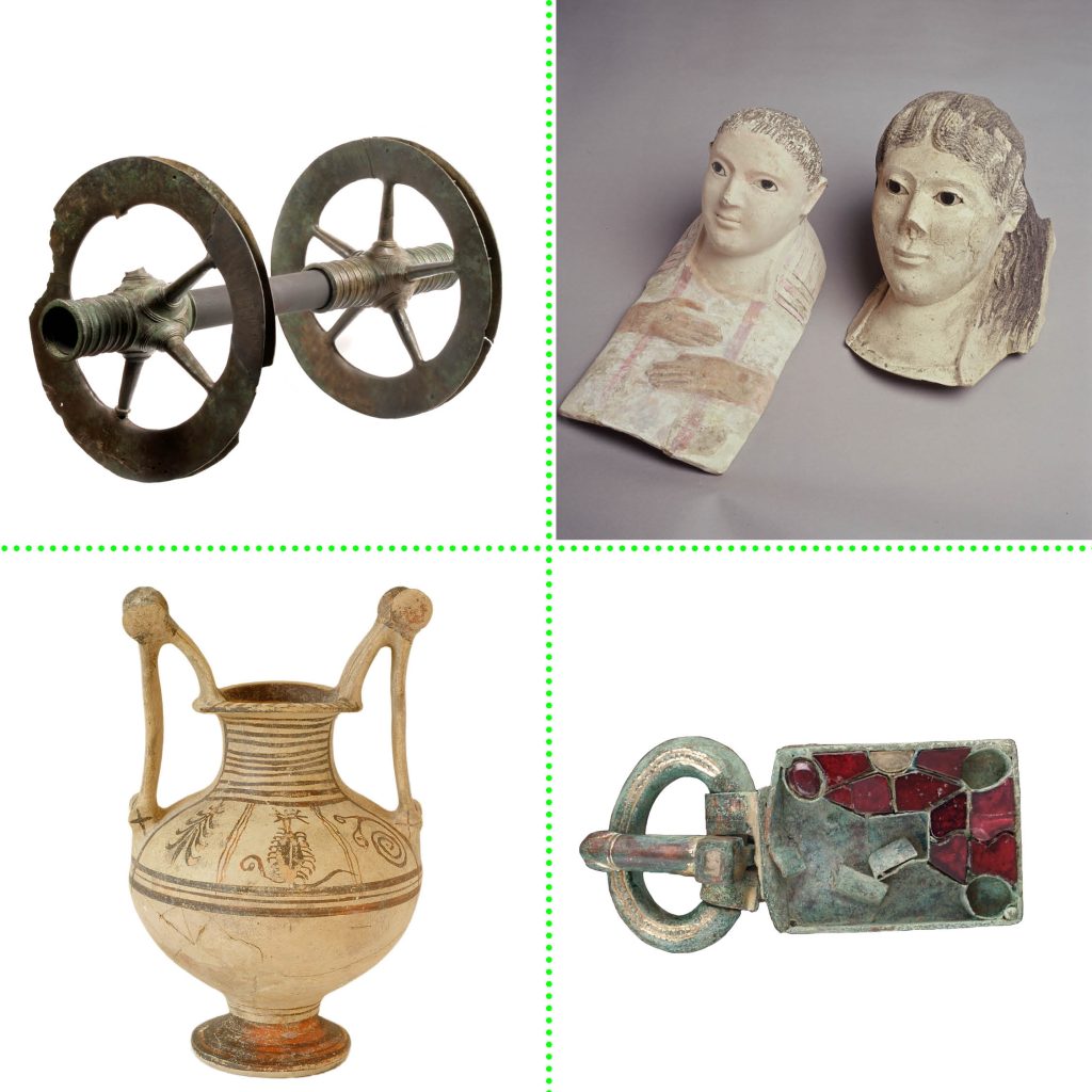 4 objets représentatifs de l'exposition : deux roues de char, deux portraits funéraires égyptiens, 1 vase grec, 1 plaque de ceinture wisigothe.