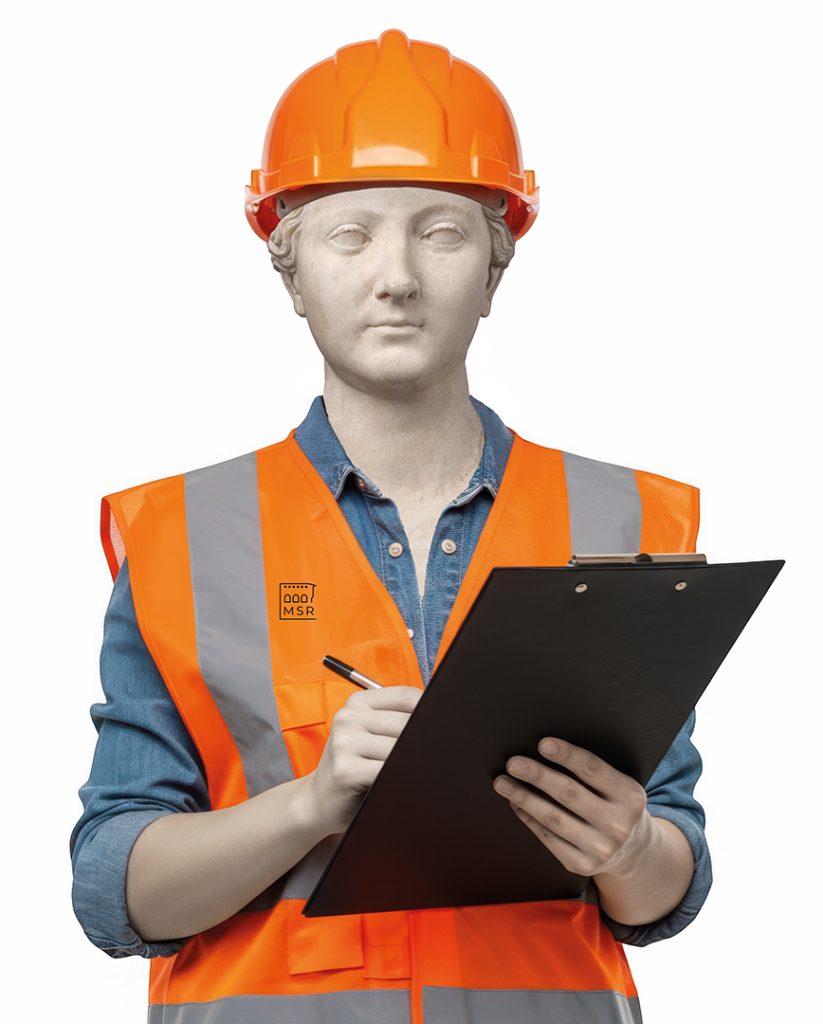 Une femme portant un casque et un gilet de chantier orange tient un crayon et un porte-document. Sa tête a été remplacé par un portrait romain en marbre représentant l'impératrice Livie.