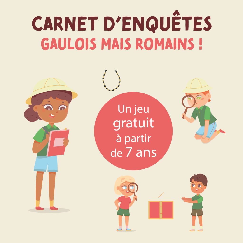Visuel de l'activité "Carnet d'enquêtes". 4 enfants-archéologues enuêtes sur des objets