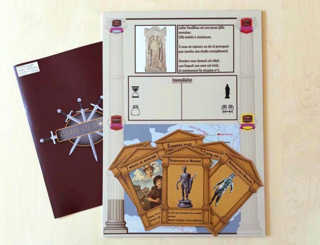 Eléments (livret, plateau de jeu, cartes) du jeu Game of Rome